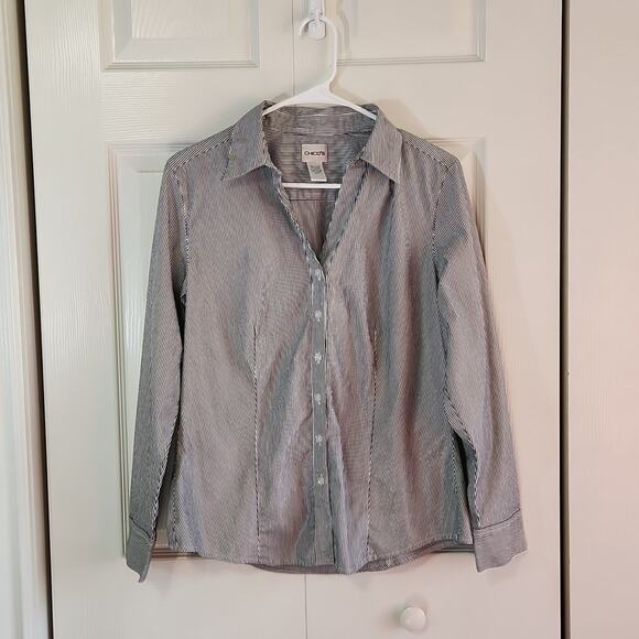 Chico's Women's Long Sleeve Gray White Silver Striped Button Down Top Size 1/SM - Picture 1 of 10